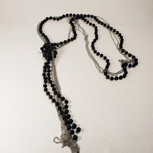 Women's Stylish Polished Silver tone 48" Black Layered Beaded Necklace
